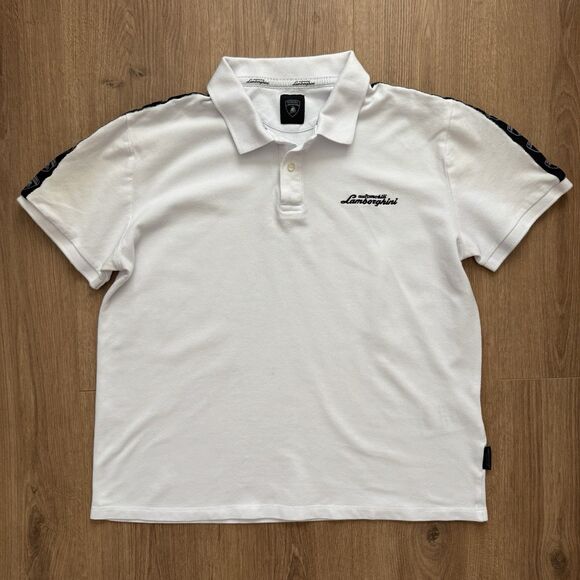 Automobili Lamborghini Mens Medium White Polo Shirt Logo Tape Luxury Italy